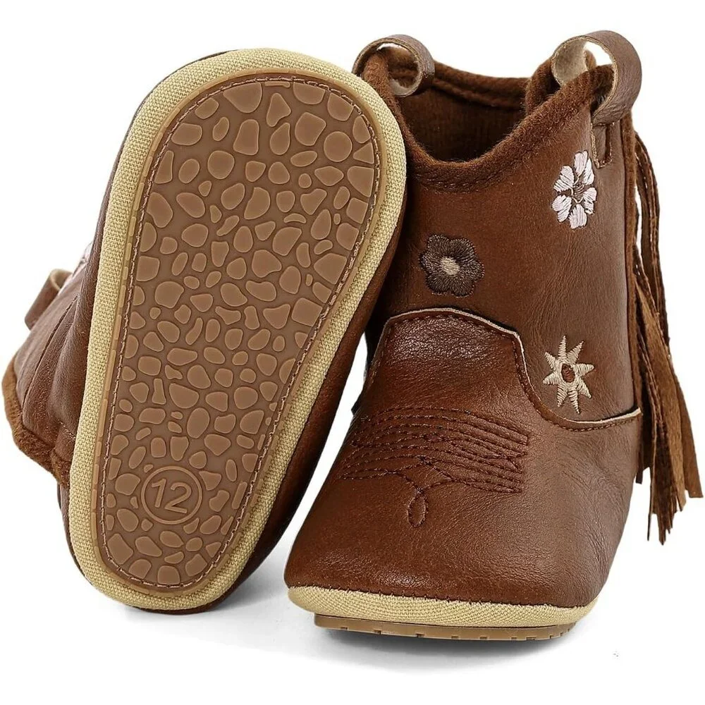 Infant Toddler Brown/Flowers Faux Leather Western Rubber Sole Tassel Booties